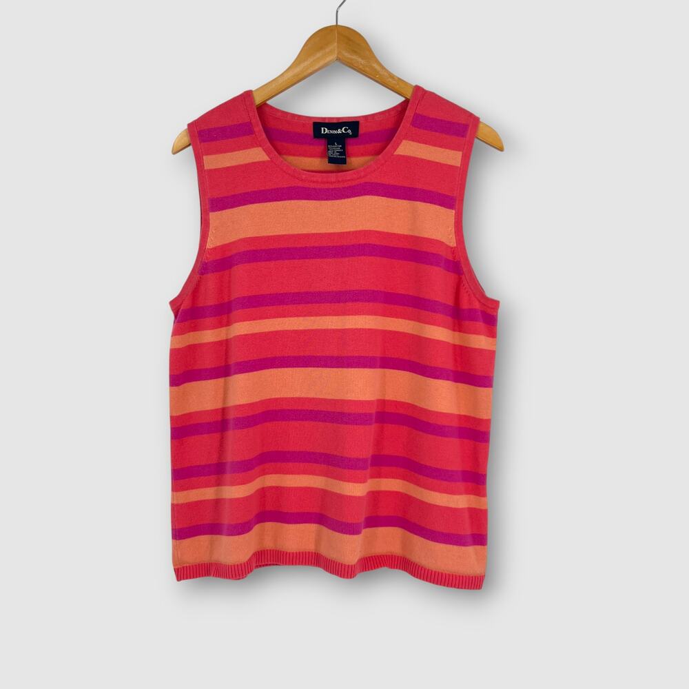 Vintage Pink Orange Striped Knit Sweater Tank Top Sleeveless Cotton Blend Large
